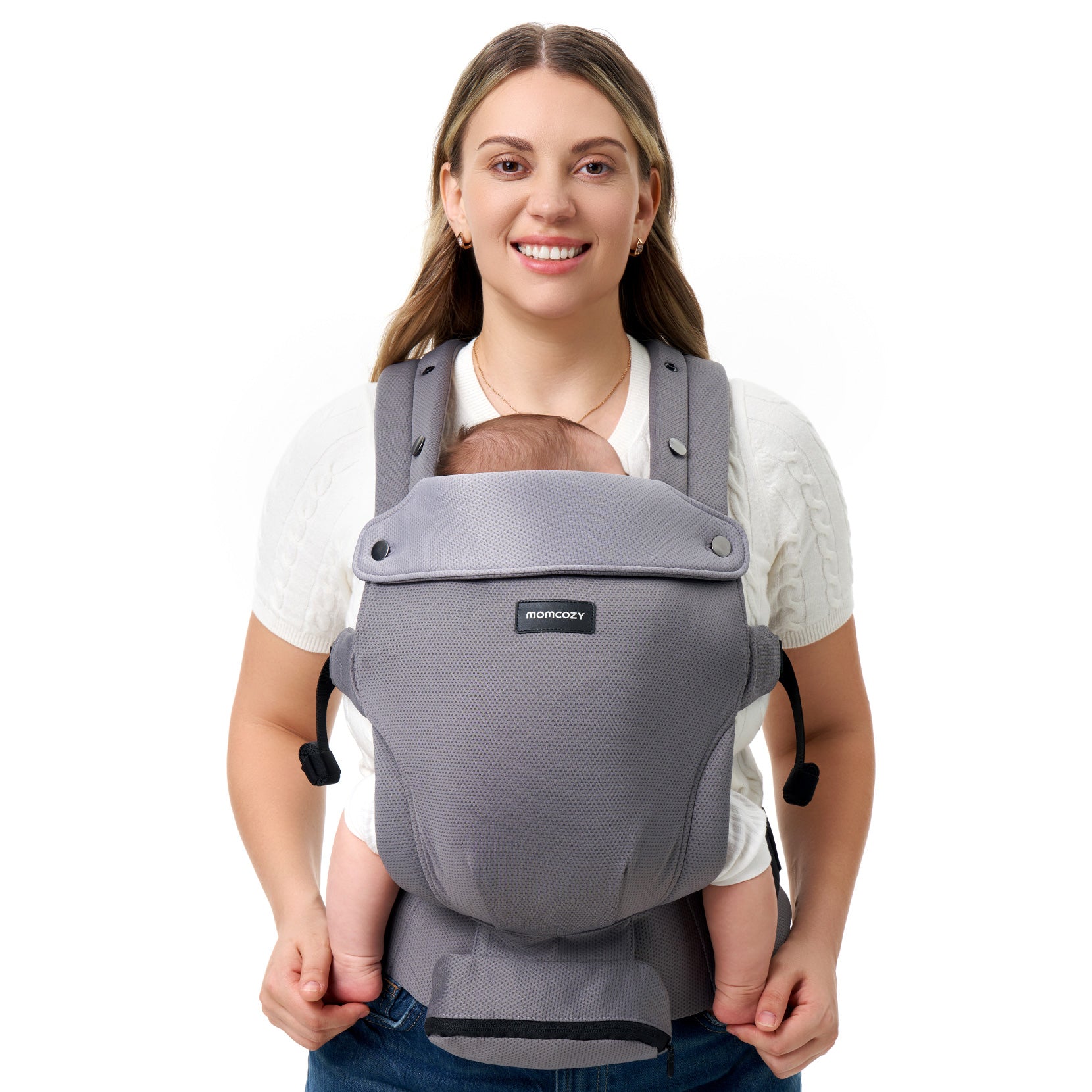 Momcozy baby carrier in gray, with a sleeping baby, featuring comfort and support, ergonomic design, and Momcozy logo.