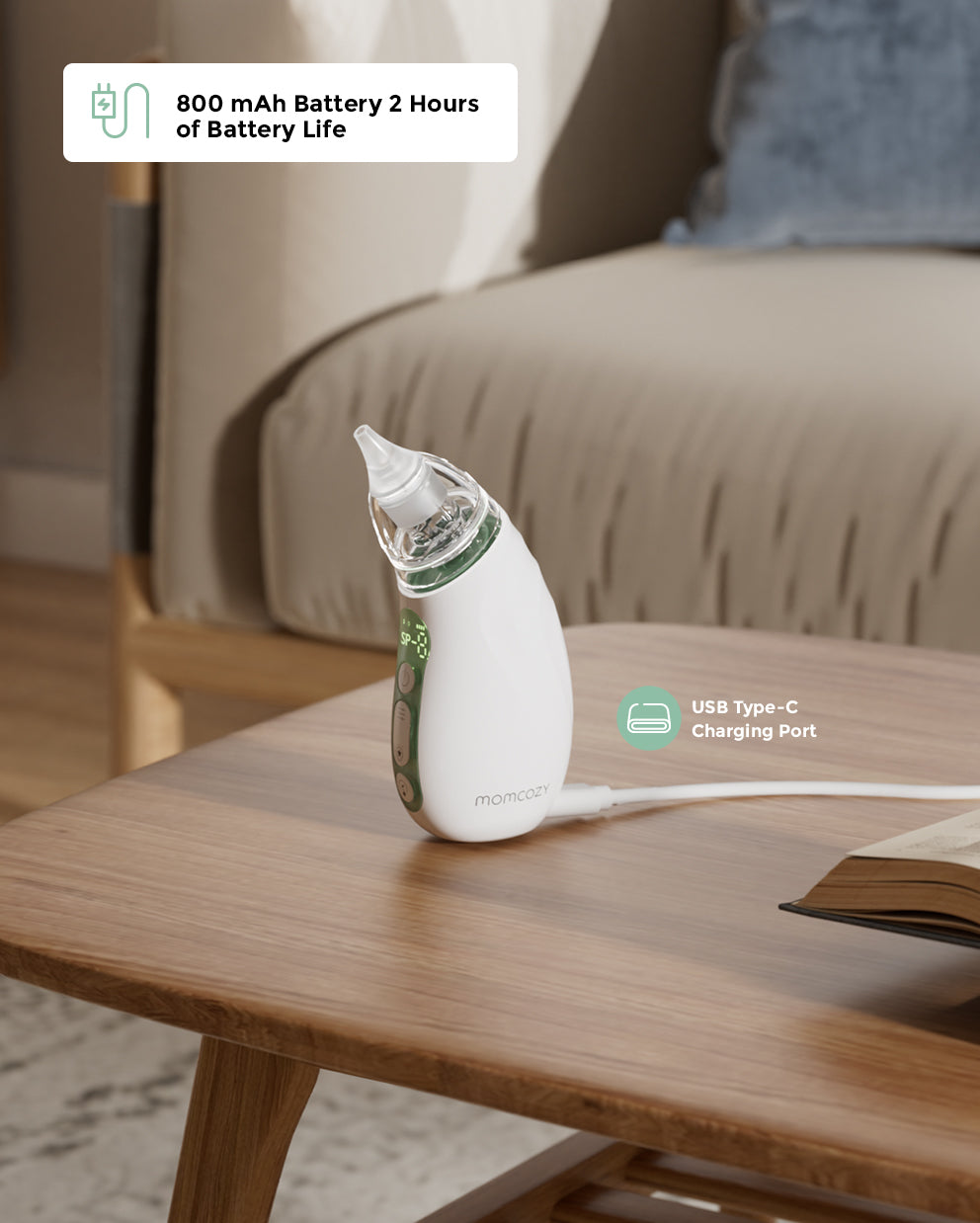 Momcozy baby nasal aspirator showcasing long battery life and USB-C charging for convenient baby congestion relief.
