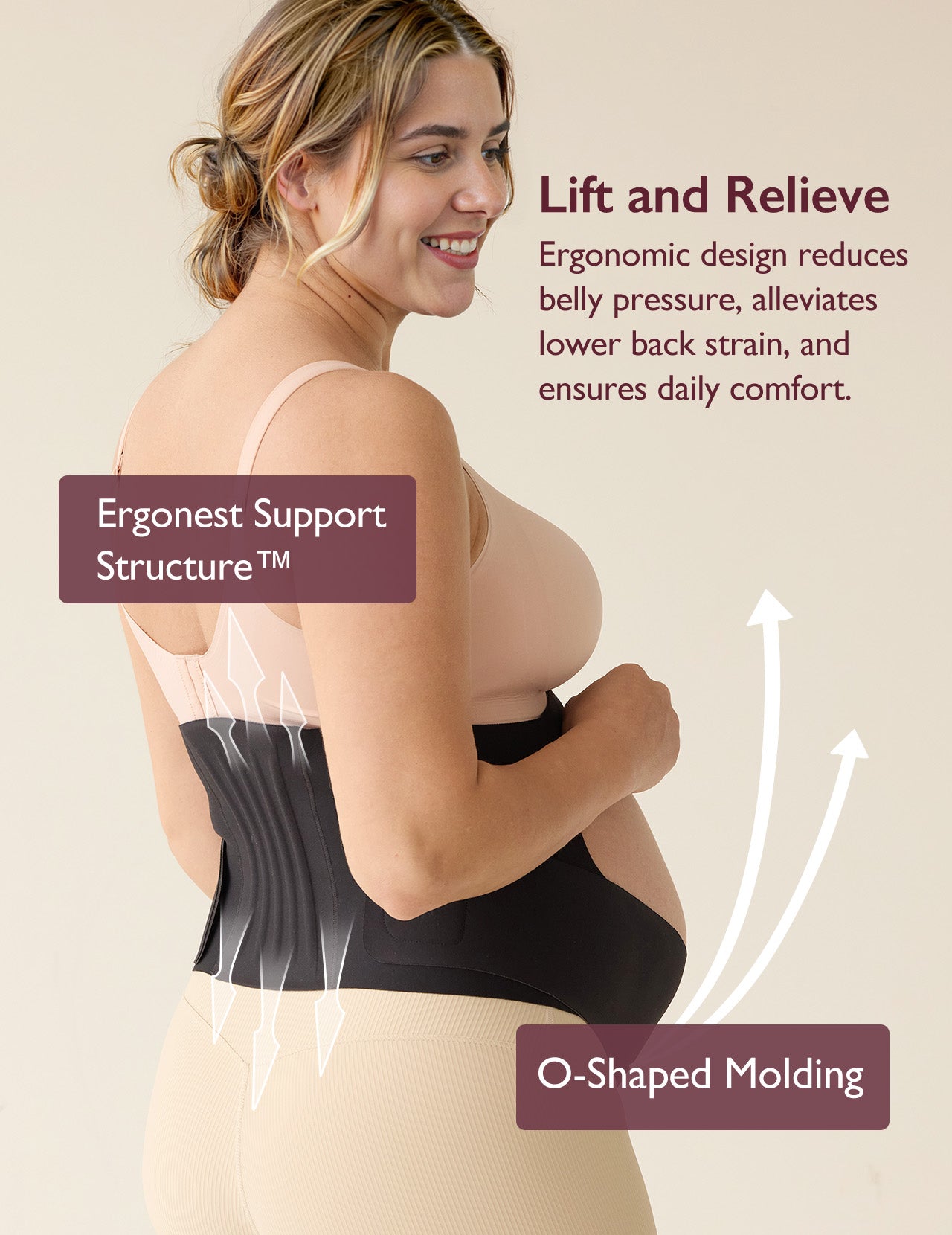 Black BumpEase maternity belly band with Ergonest Support and O-Shaped Molding for pregnant individuals.