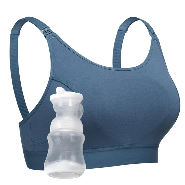 Original YN08 dusty blue seamless pumping & nursing bra, featuring adjustable straps, nursing clips, and a baby bottle.