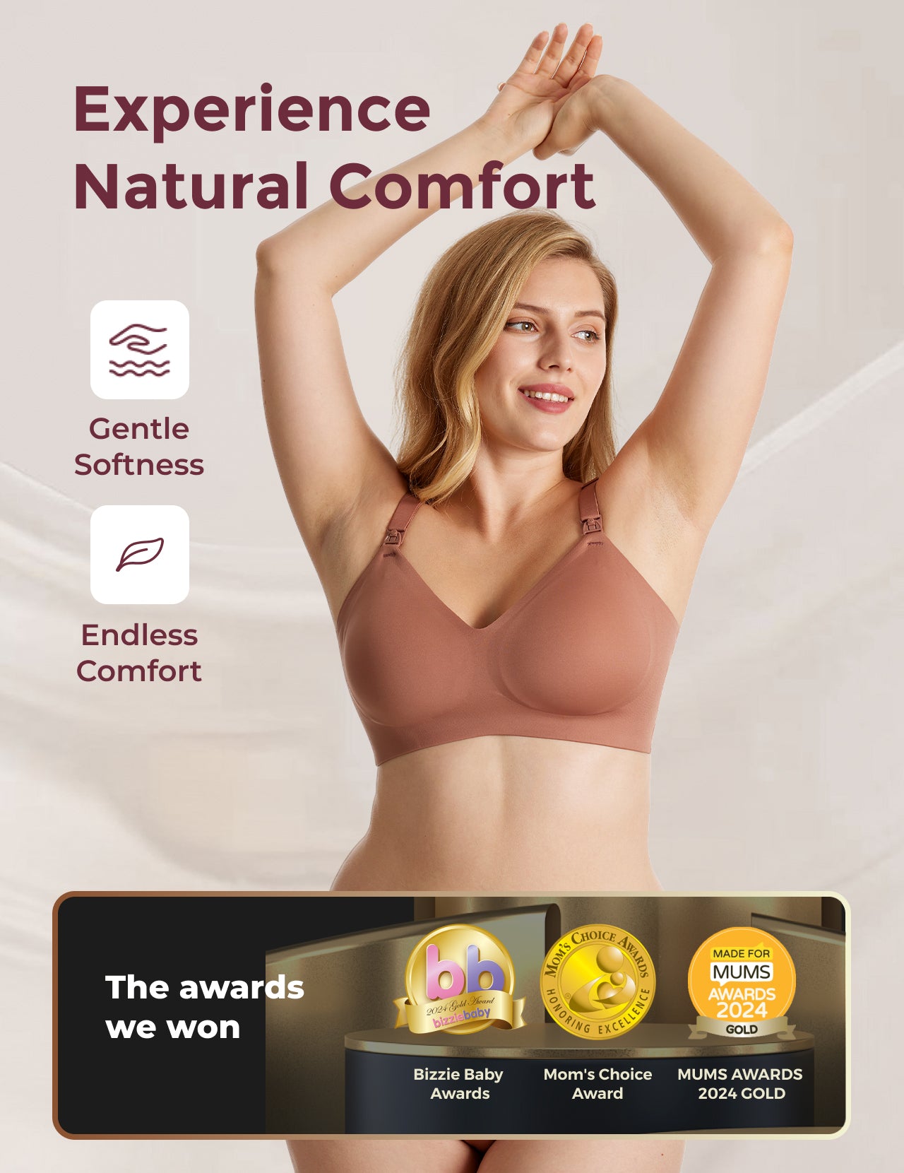 Warm cinnamon YN21 Seamless Nursing Bra on model. Highlights V-neck, easy clips, and award-winning comfort for M5 pump.