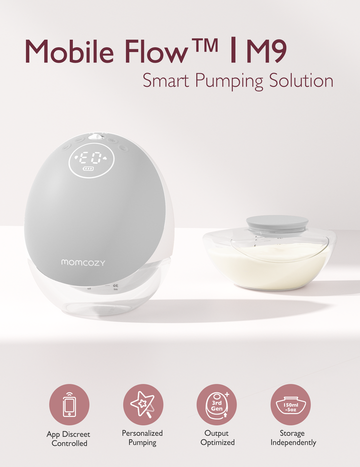 Momcozy Mobile Flow™ M9 hands-free breast pump in gray with app control and milk storage.