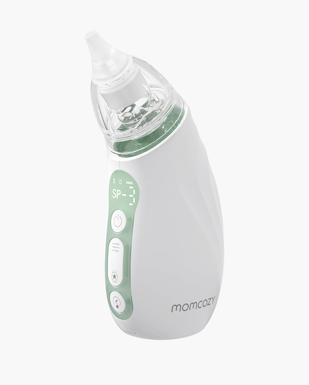Momcozy Baby Nasal Aspirator. White and green baby nasal aspirator with clear nozzle for gentle congestion relief.