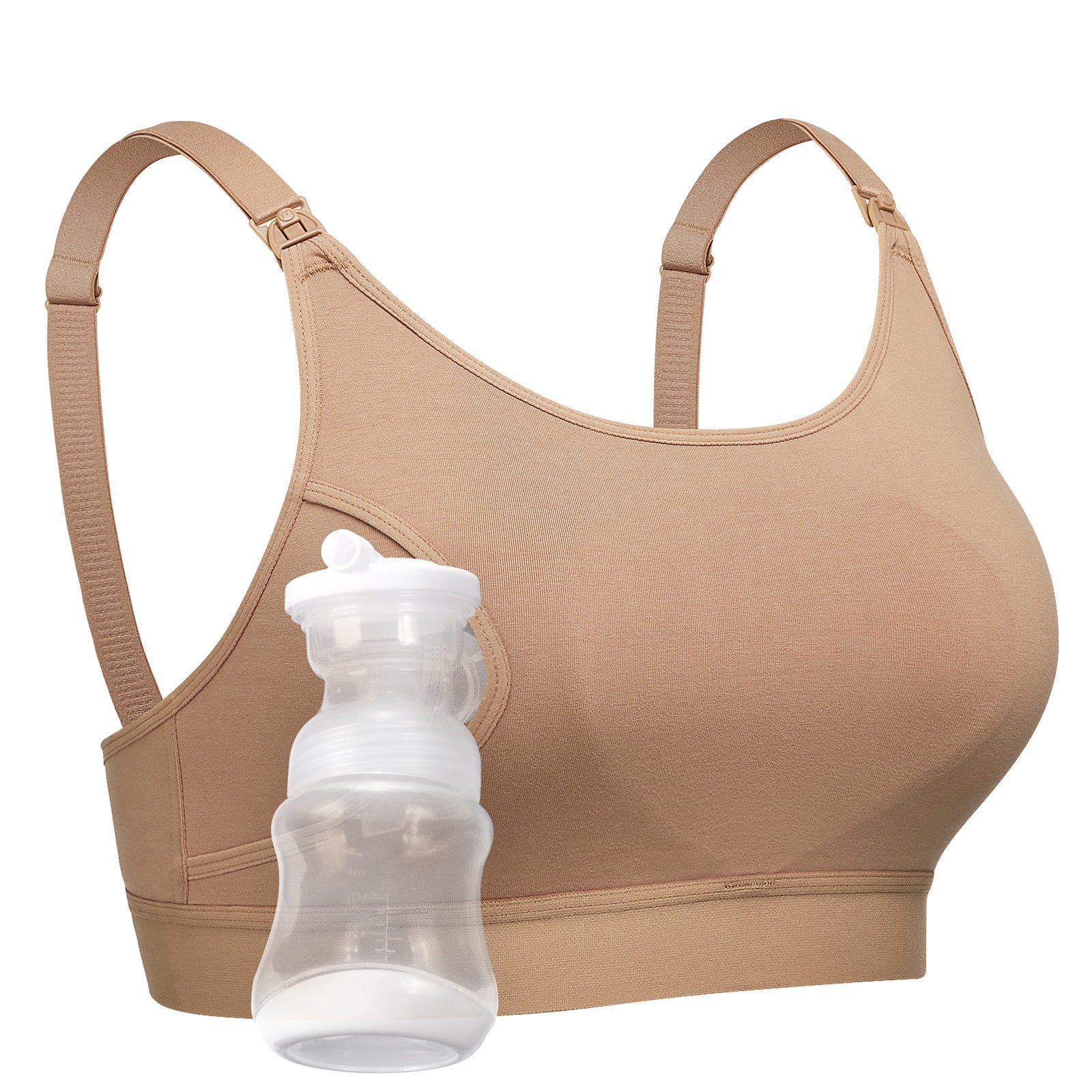 Beige YN08 basic pumping bra, offering hands-free support with adjustable straps, nursing clips, and a baby bottle.
