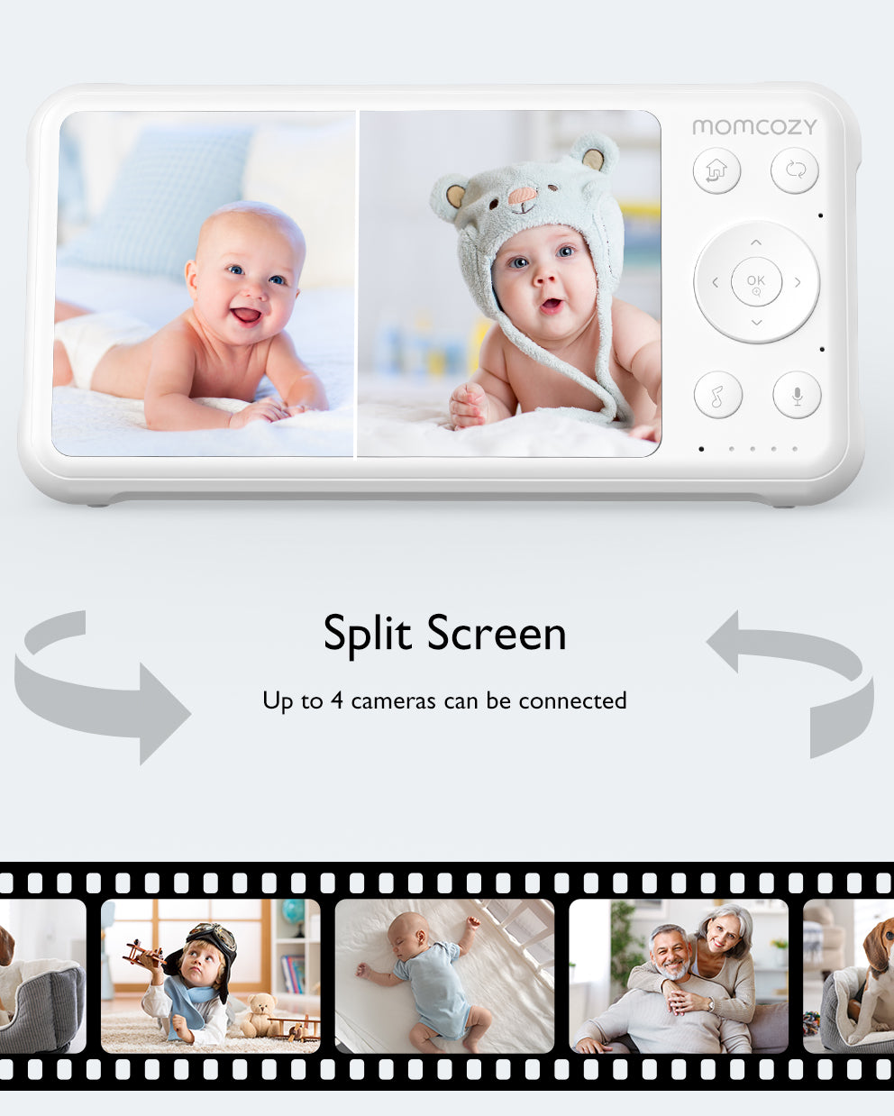Momcozy 1080P Video Baby Monitor BM01 with split screen displaying two babies, Up to 4 cameras can be connected