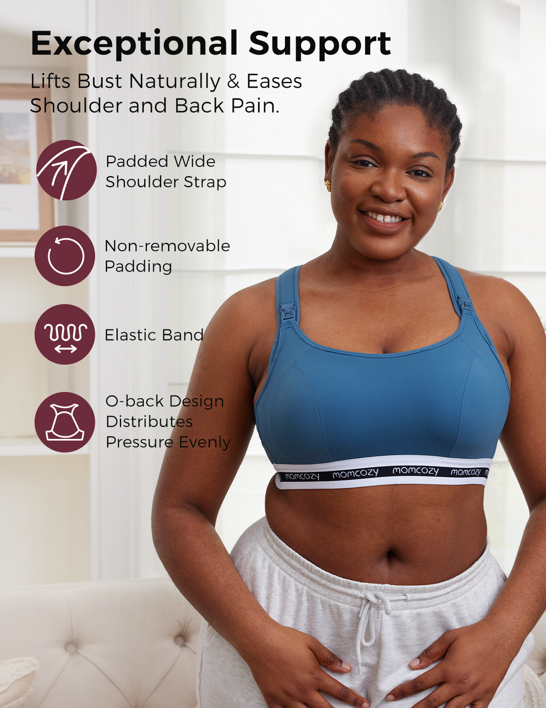 Model wearing blue Low Impact Nursing Sports Bra highlighting exceptional support features.