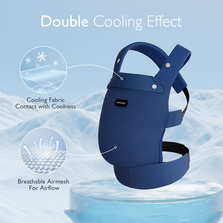 Mesh-Blue Momcozy ergonomic baby carrier with cooling fabric and breathable design for airflow.