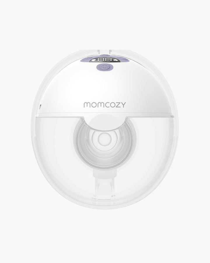 Momcozy M5 Wearable Breast Pump top view highlighting ergonomic design and control settings.