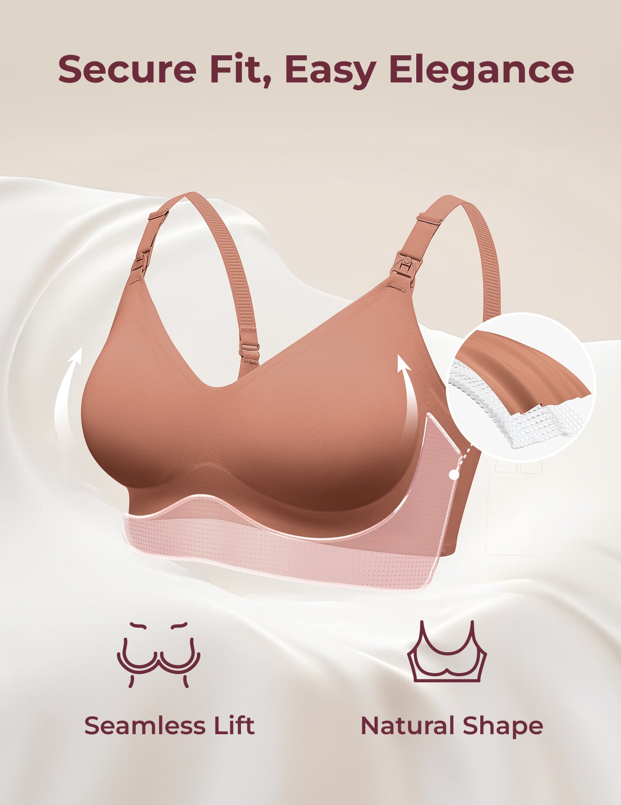 Warm cinnamon YN21 Seamless Nursing Bra: Layered design shows Seamless Lift, Natural Shape, and quick-release M5 pump clips.