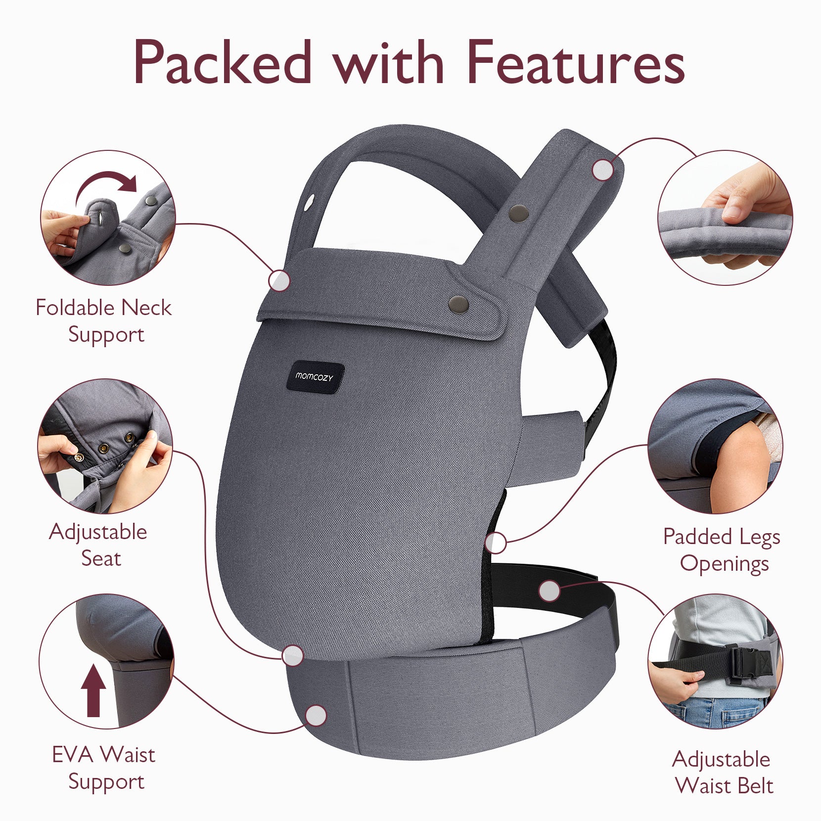 Momcozy PureHug Baby Carrier in grey, featuring adjustable seat, padded legs and waist support for comfortable babywearing.