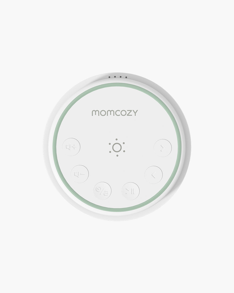 Momcozy Portable Baby Sound Machine - White with mint green accents, featuring easy-to-use control buttons for baby sleep.