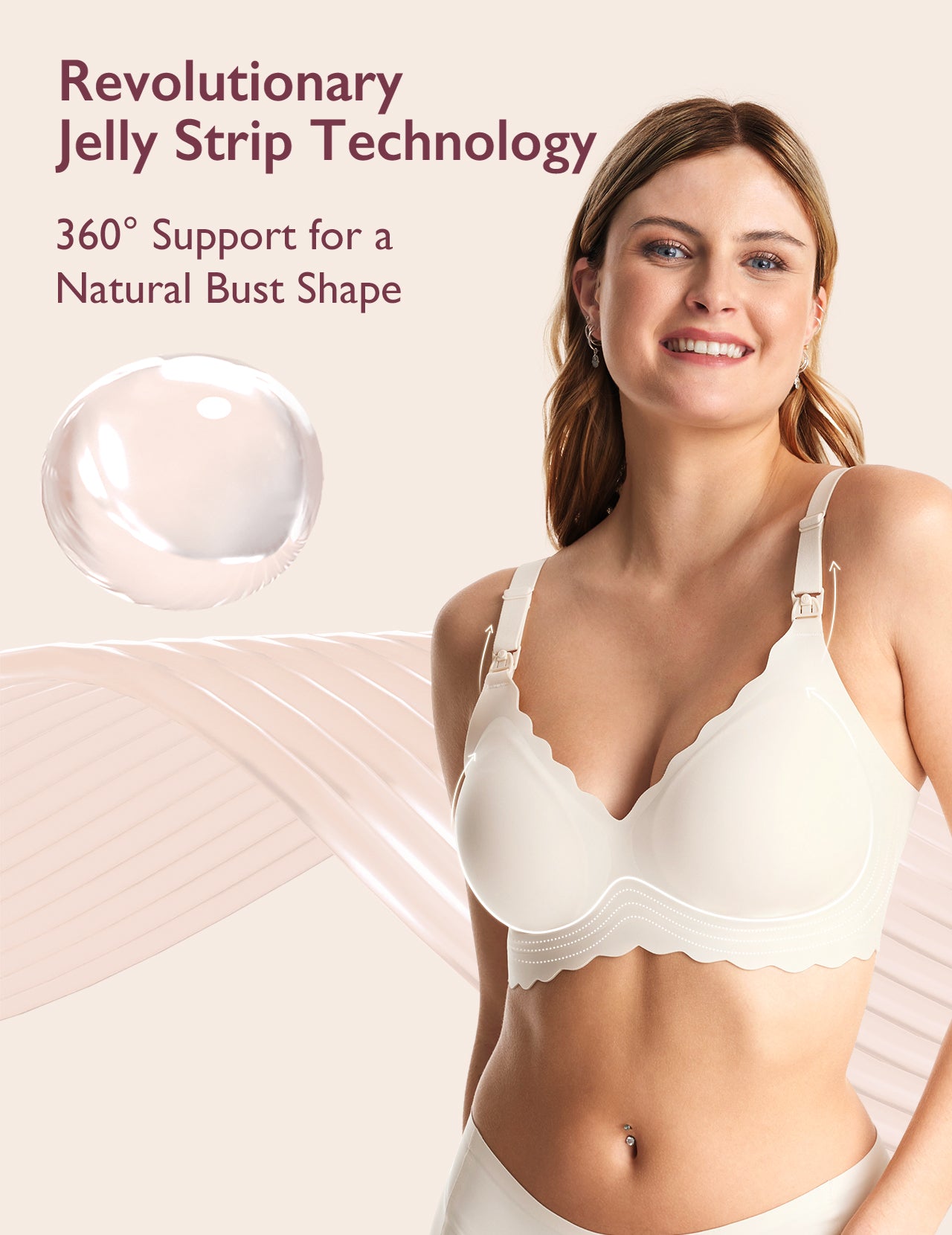Beige Jelly Strip Seamless Nursing Bra YN46 on model. Jelly Strip Technology ensures 360° support for natural shape.