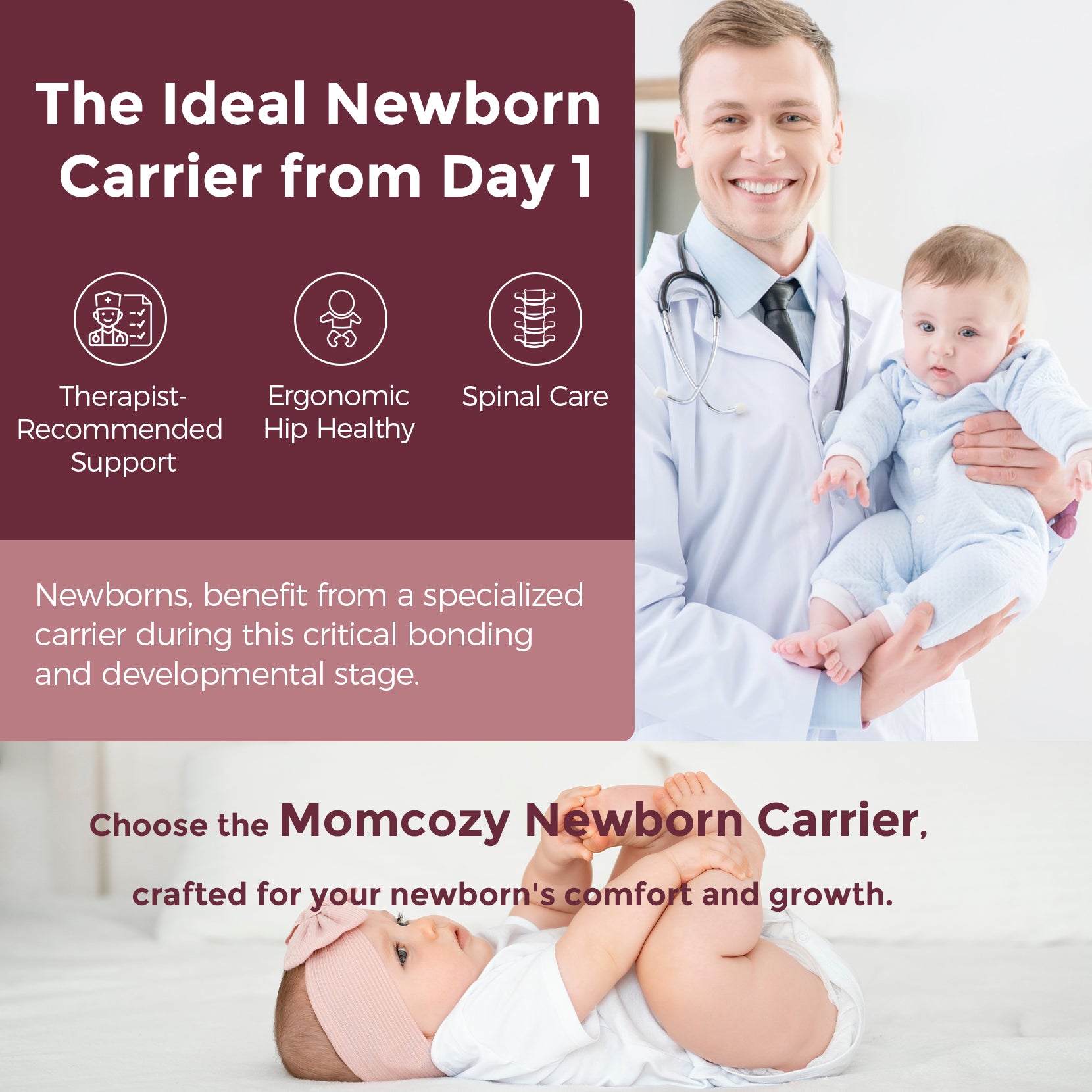 Momcozy Newborn Carrier: Supports newborns with ergonomic design and spinal care, recommended by therapists.