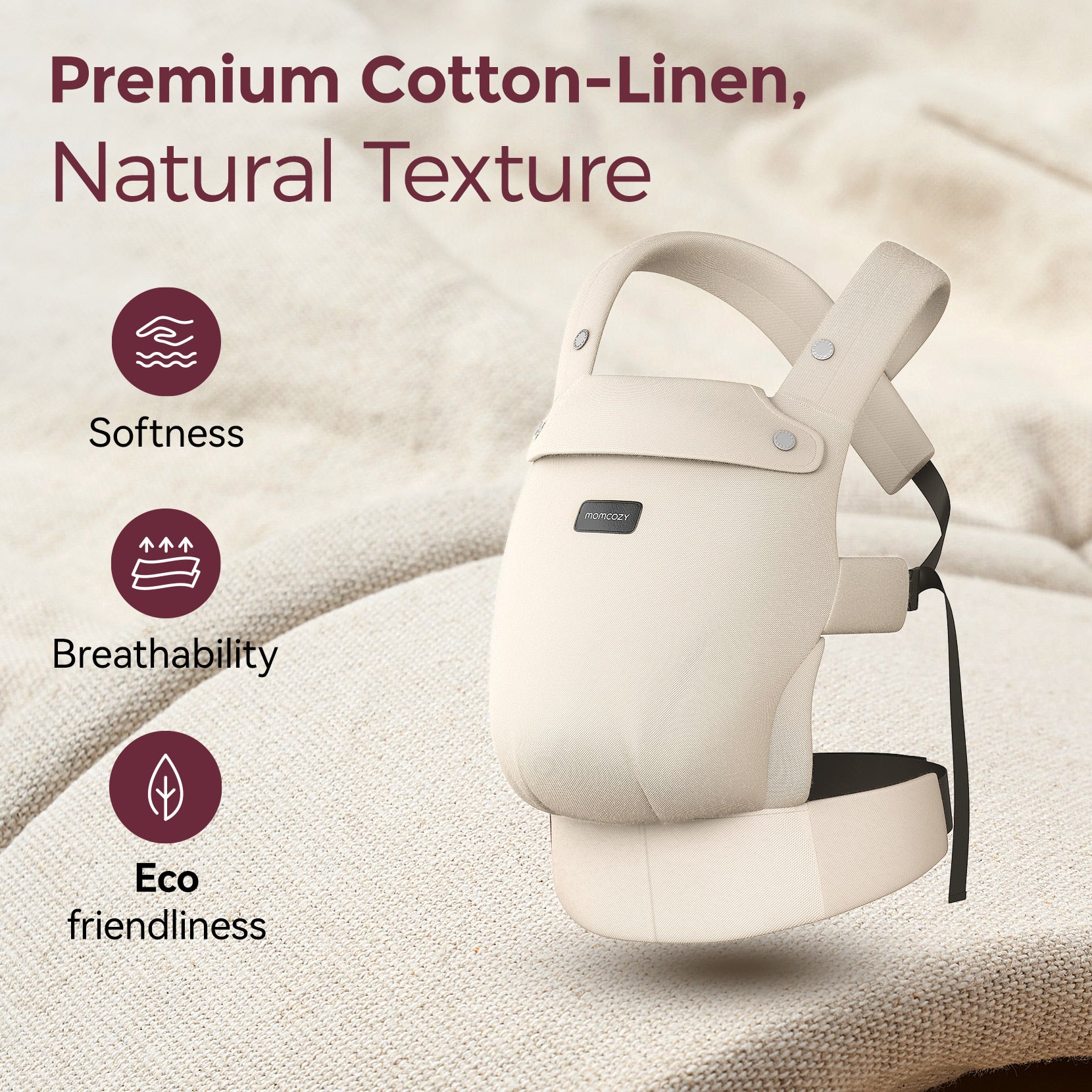Beige Momcozy PureHug baby carrier: premium cotton-linen for softness, breathability, and eco-friendly babywearing.