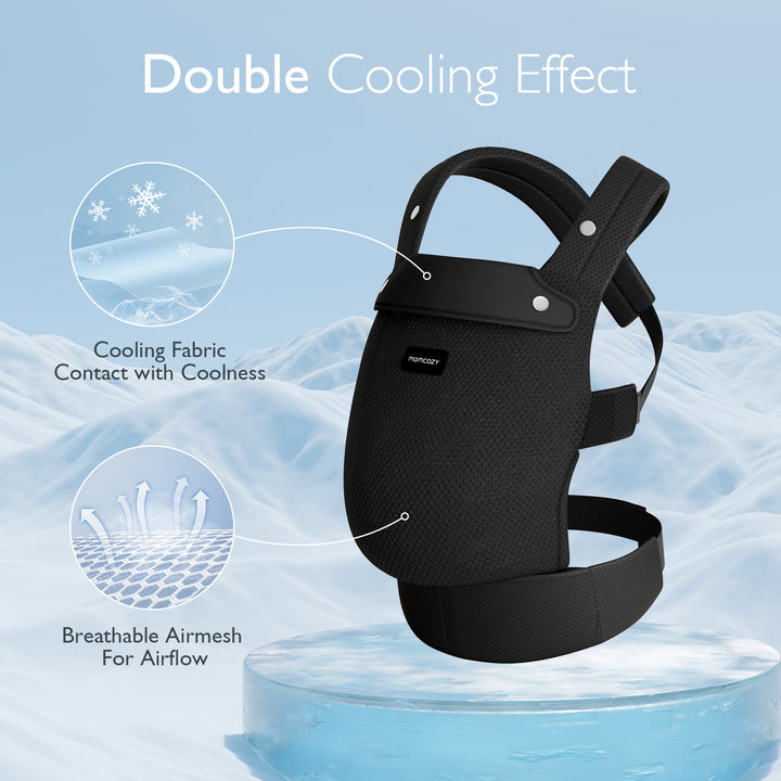 Momcozy ergonomic baby carrier with cooling fabric, promoting airflow and comfort for infants.