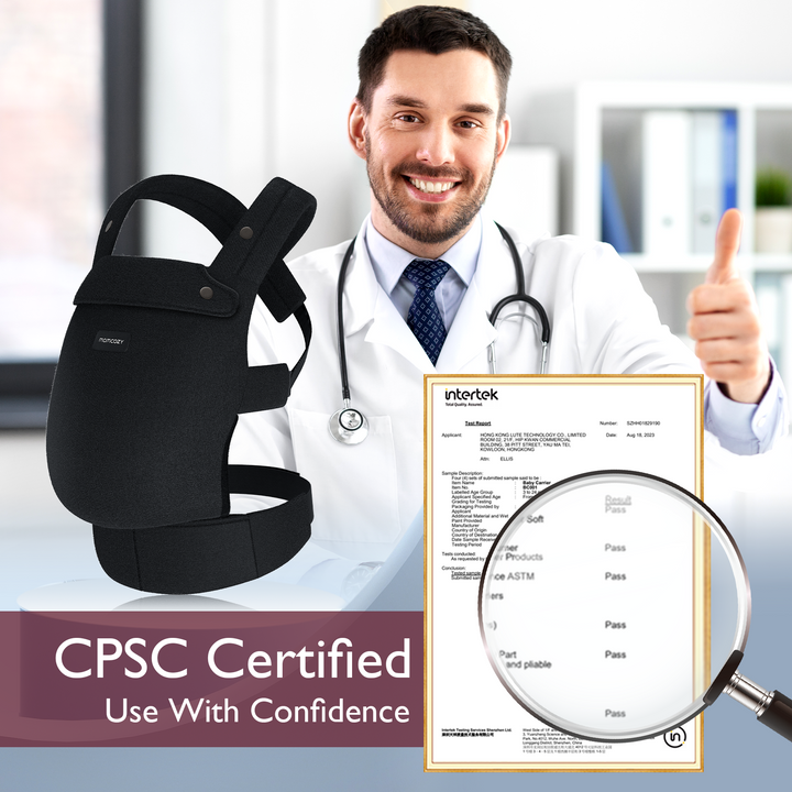 Doctor promoting CPSC certified baby carrier with testing report.