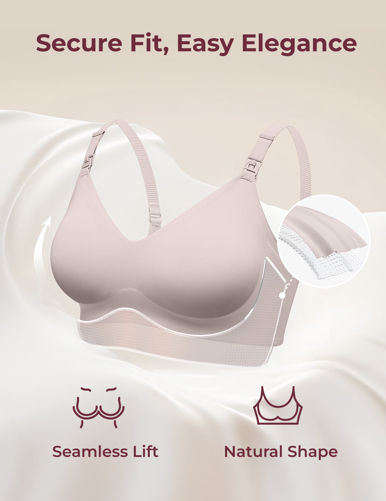 Light taupe Ultra Soft Seamless Nursing Bra YN21. Highlights secure fit, natural shape, and M5 Pump design.