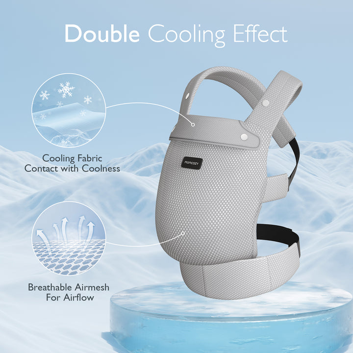 Gray Momcozy baby carrier featuring cooling fabric and breathability for optimum infant comfort.