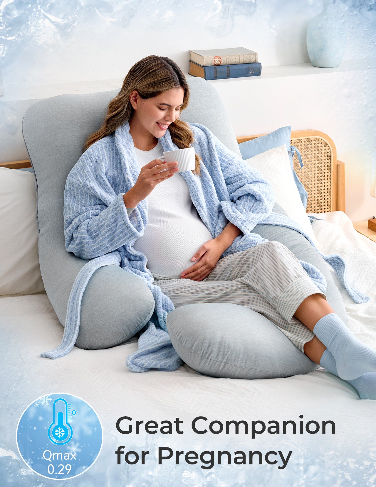 Pregnant woman using a U-shaped maternity pillow for comfort. Pillow shown with "Great Companion for Pregnancy" text.