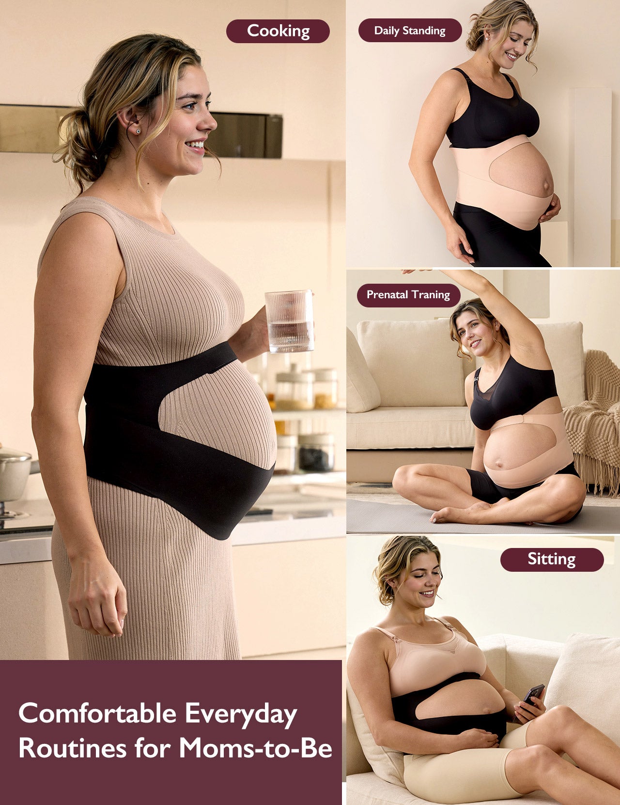 BumpEase maternity belly band in black shown during daily routines: cooking, standing, training, sitting.