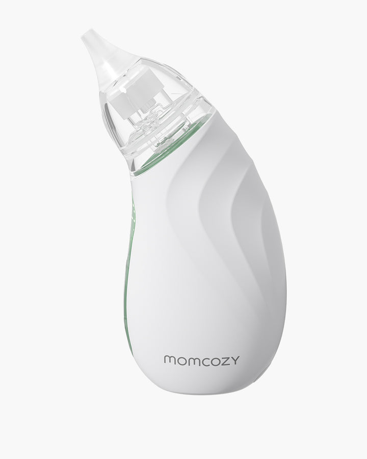 Momcozy Baby Nasal Aspirator in sleek white design with ergonomic shape.