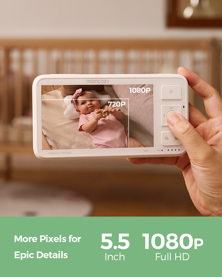 Momcozy 5.5'' Full HD baby monitor showing baby with 1080P clarity.