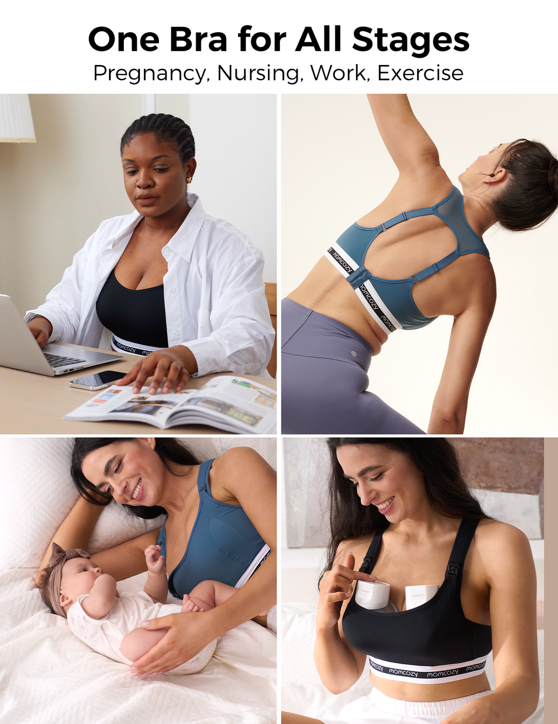 Collage of women in Low Impact Nursing Sports Bra for pregnancy, exercise, and everyday comfort.