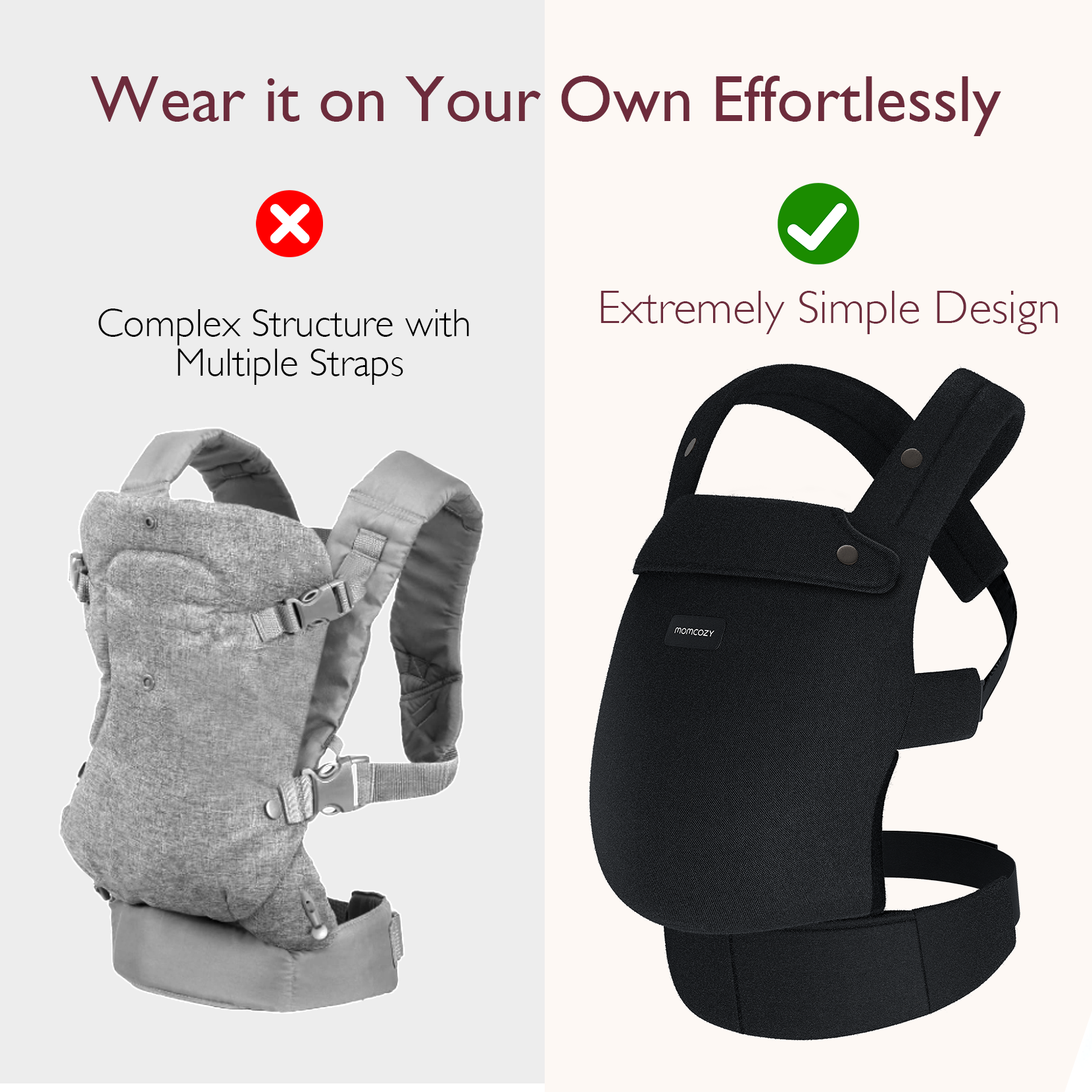Momcozy PureHug Baby Carrier: Simple black design for easy babywearing compared to complex carrier with multiple straps.