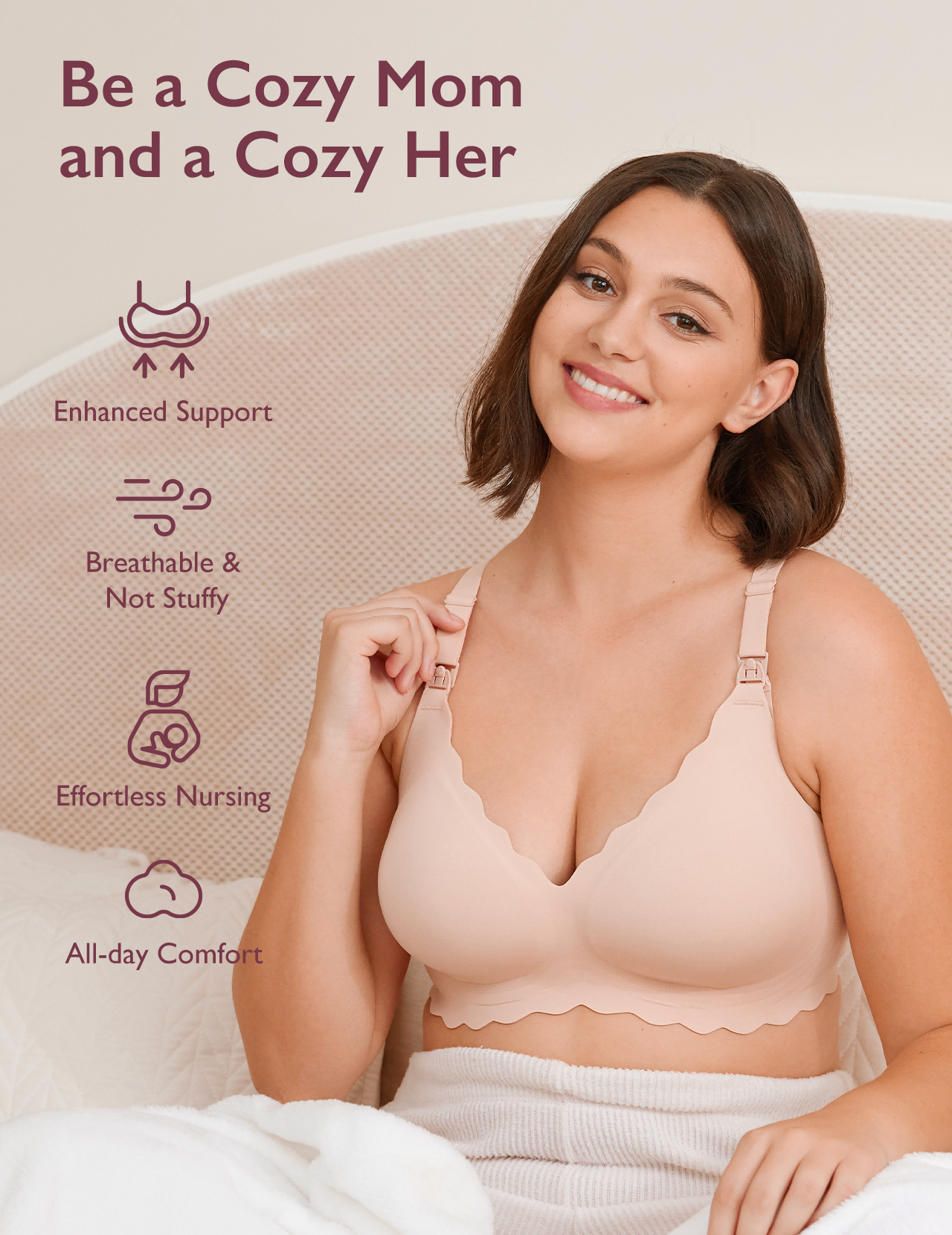 Smiling woman in beige Jelly Strip Seamless Nursing Bra YN46, scalloped, showcasing comfort, support & M9 Pump nursing.