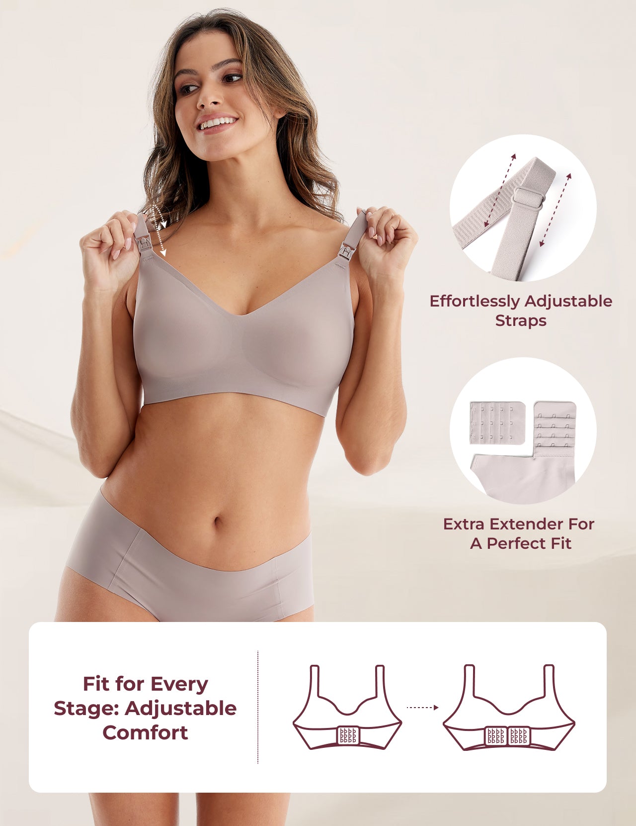 Light taupe Ultra Soft Seamless Nursing Bra YN21 with adjustable straps and extenders for a customizable, comfortable fit.