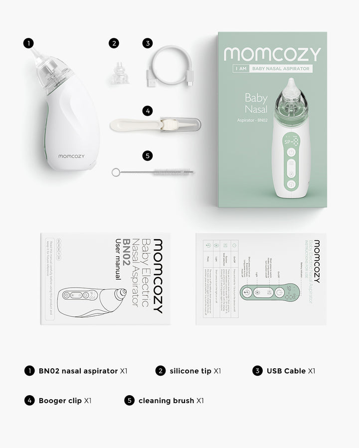 Momcozy Baby Nasal Aspirator kit including components and packaging.