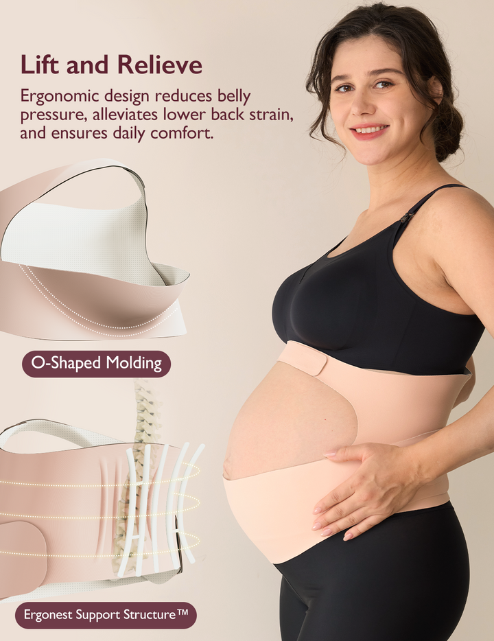 A pregnant woman wearing the black Momcozy Ergonest Maternity Belly Band demonstrates its ergonomic support design, which reduces pressure to ensure comfort.