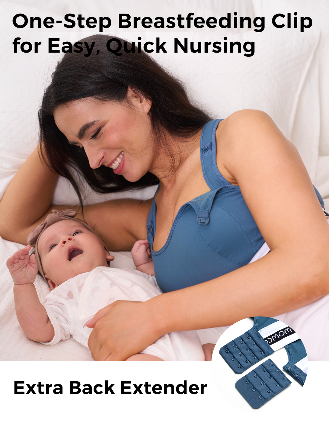 Mom nursing her baby using a blue bra with a breastfeeding clip for easy access.