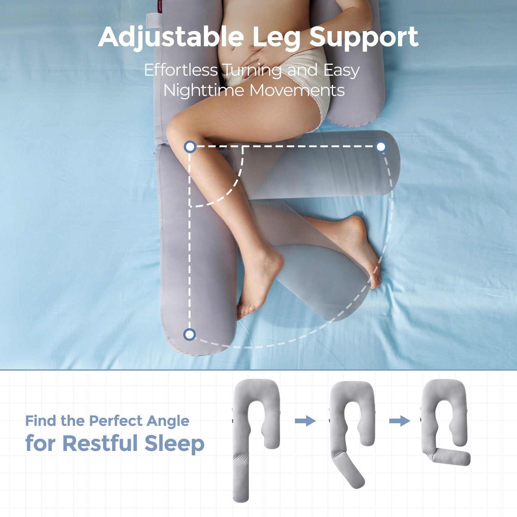 Momcozy Dreamlign pregnancy pillow for pregnant women, featuring adjustable leg support for easy, restful sleep.