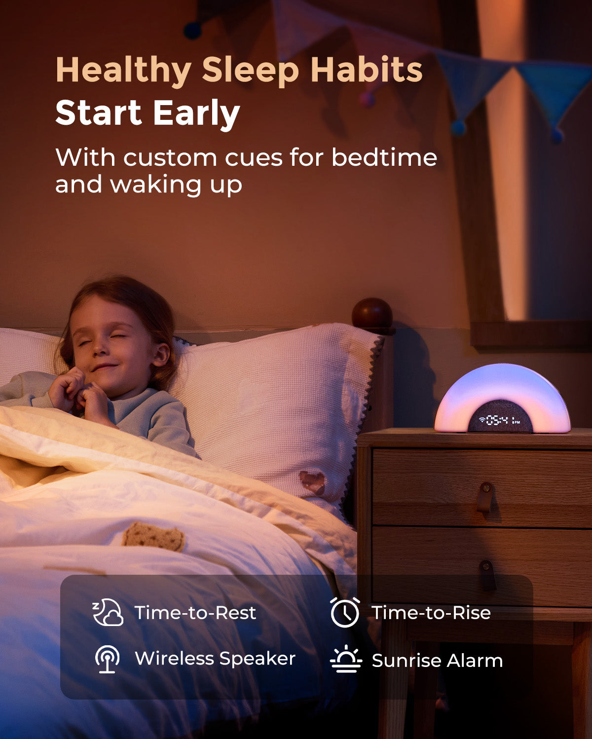 Momcozy DreamSync baby sound machine with rainbow light, promoting healthy sleep habits for babies.