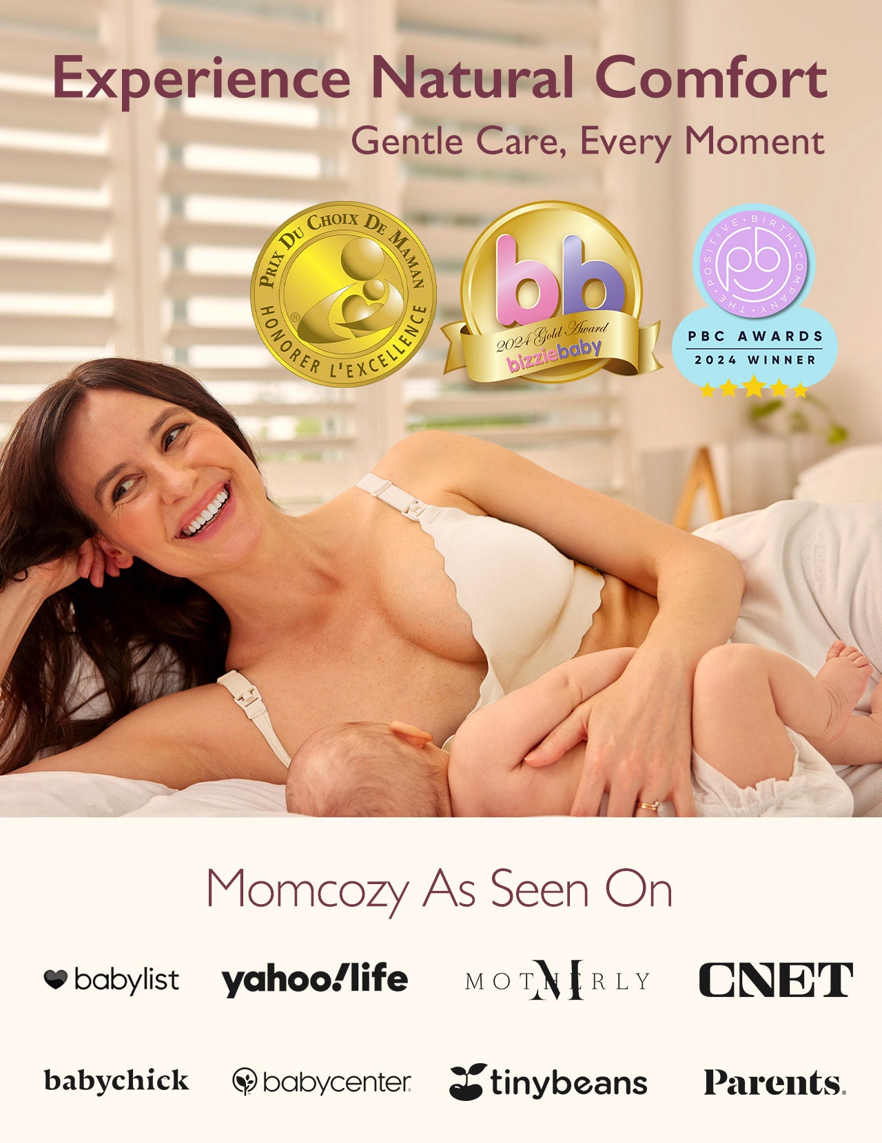Smiling mom breastfeeds baby in light beige scalloped Jelly Strip Nursing Bra YN46, highlighting award-winning M9 comfort.