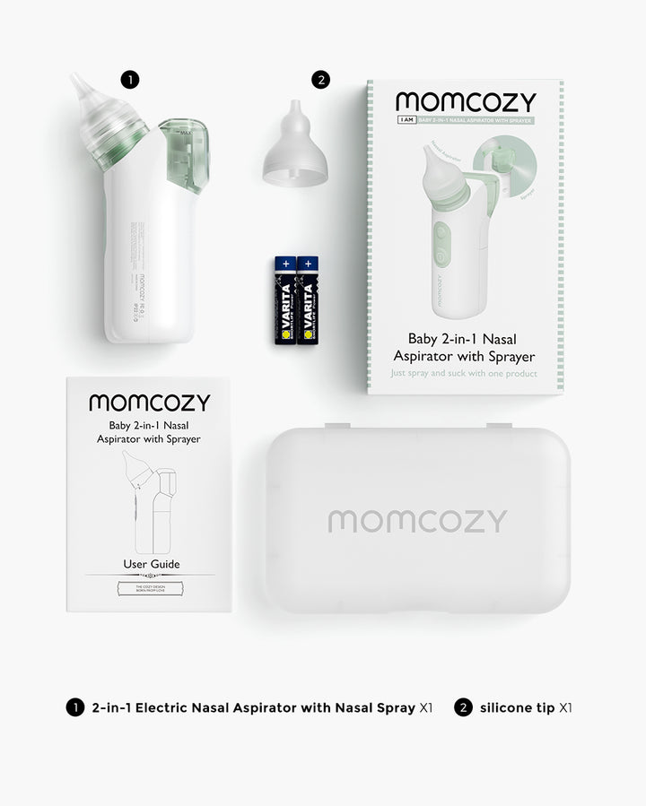 Momcozy 2-in-1 nasal aspirator set including device, guide, and accessories.