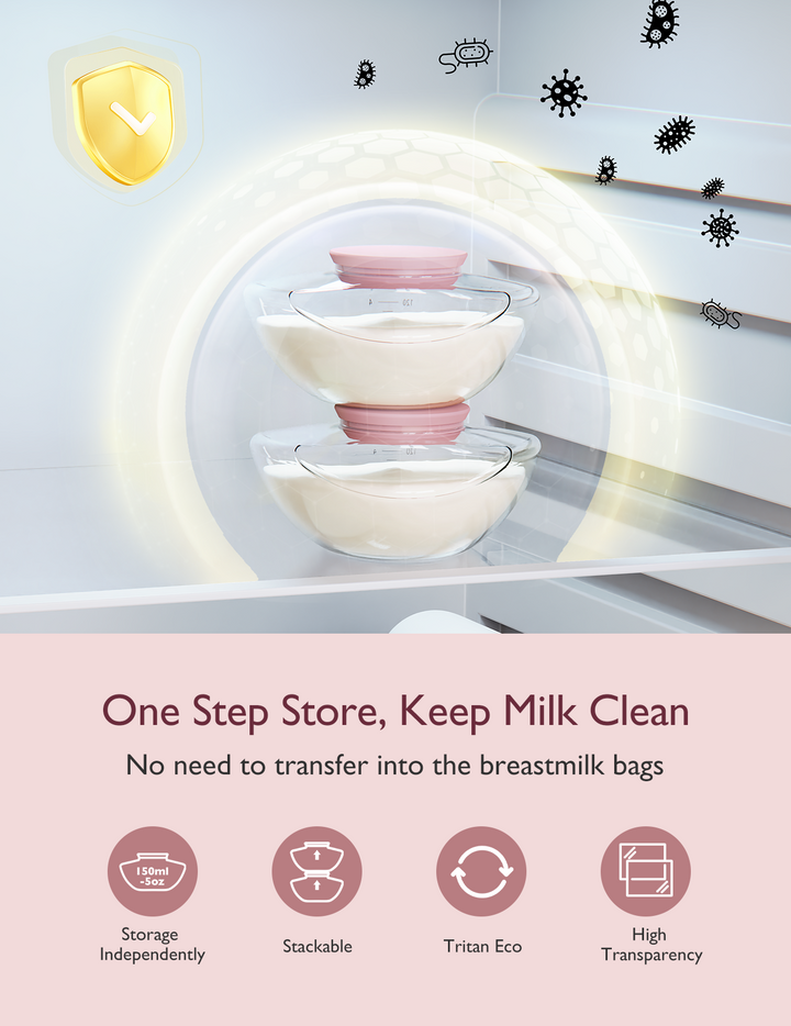 Momcozy M9 electric breast pump with milk collectors for easy cleaning and storage without the need for transfer.