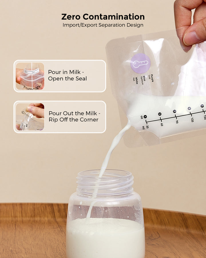 Momcozy breastmilk storage bag with zero contamination feature, pouring milk into a bottle.