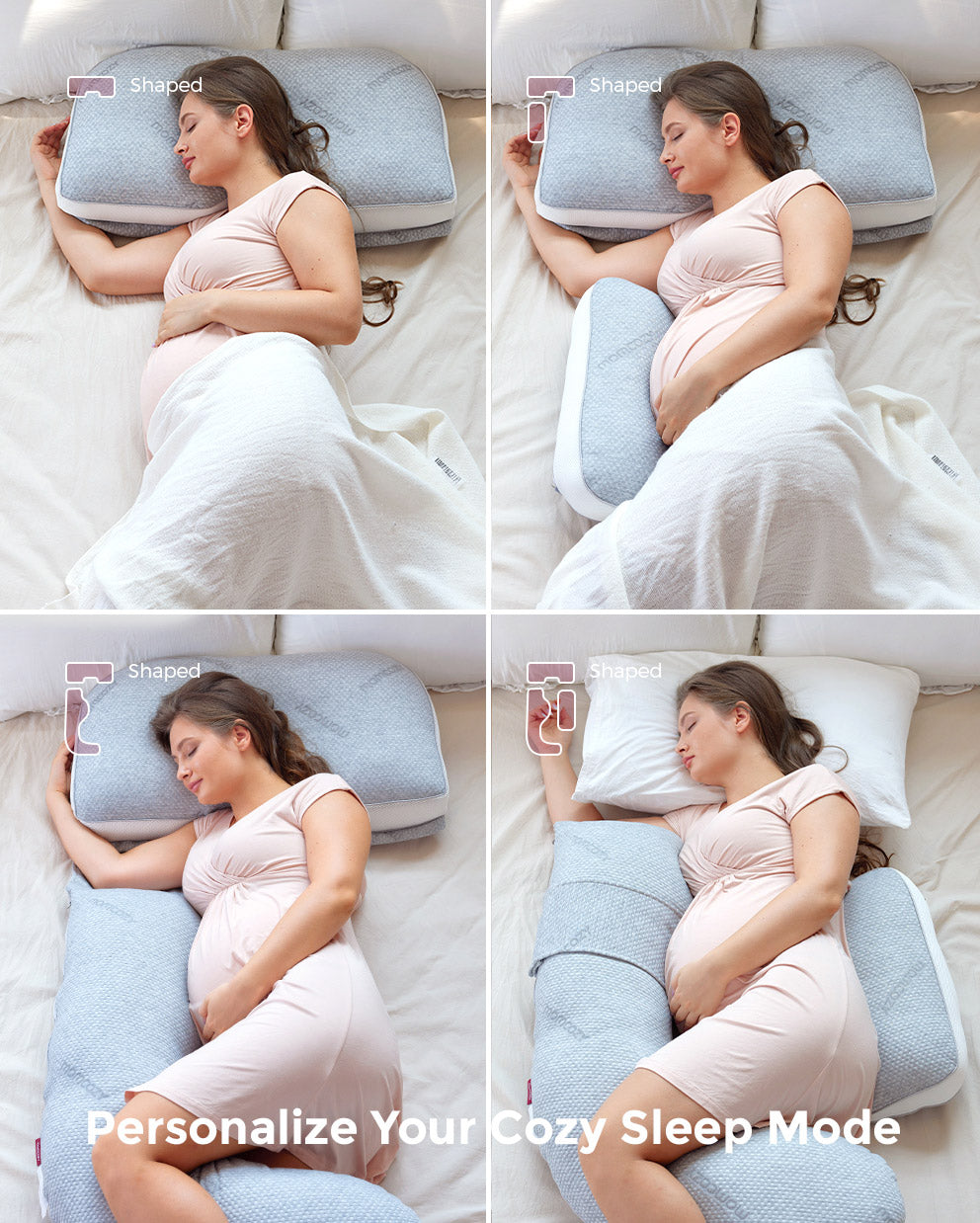 Pregnant woman using detachable G Shaped pregnancy pillow for versatile support.