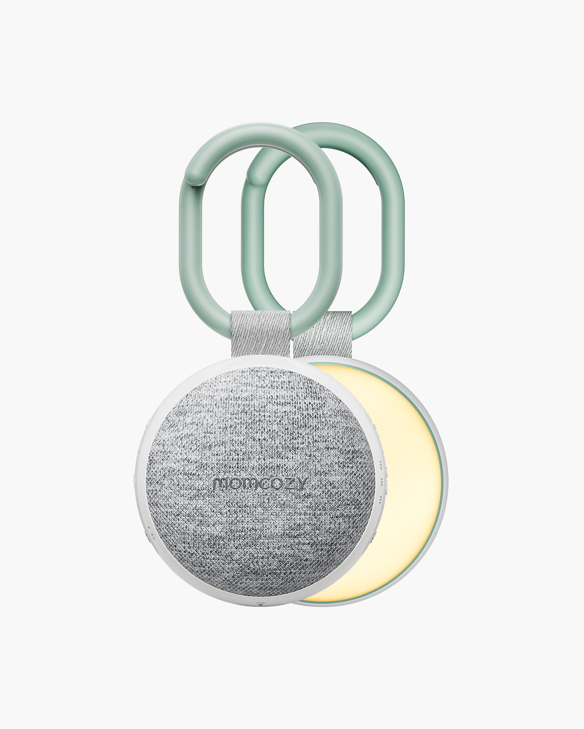 Momcozy Portable Sound Machine featuring a light gray speaker, white frame, green handle and adjustable light function.