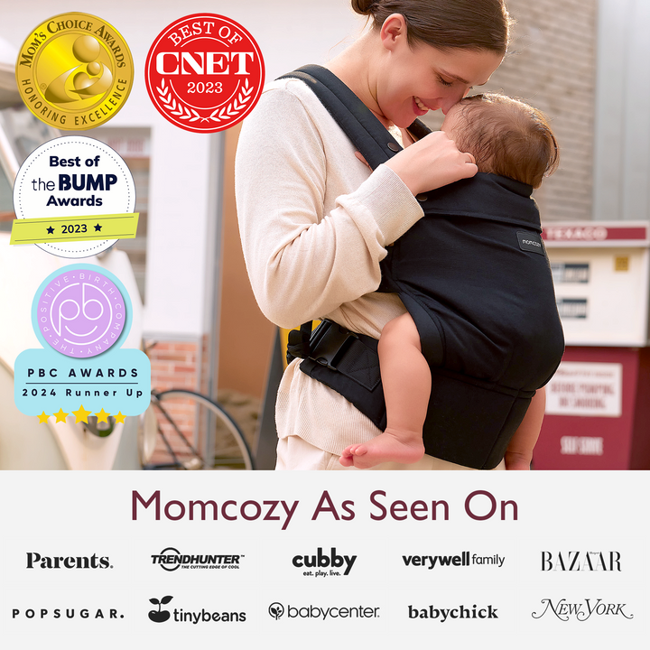 Momcozy baby carrier featured in award-winning list with logos of recognized brands.