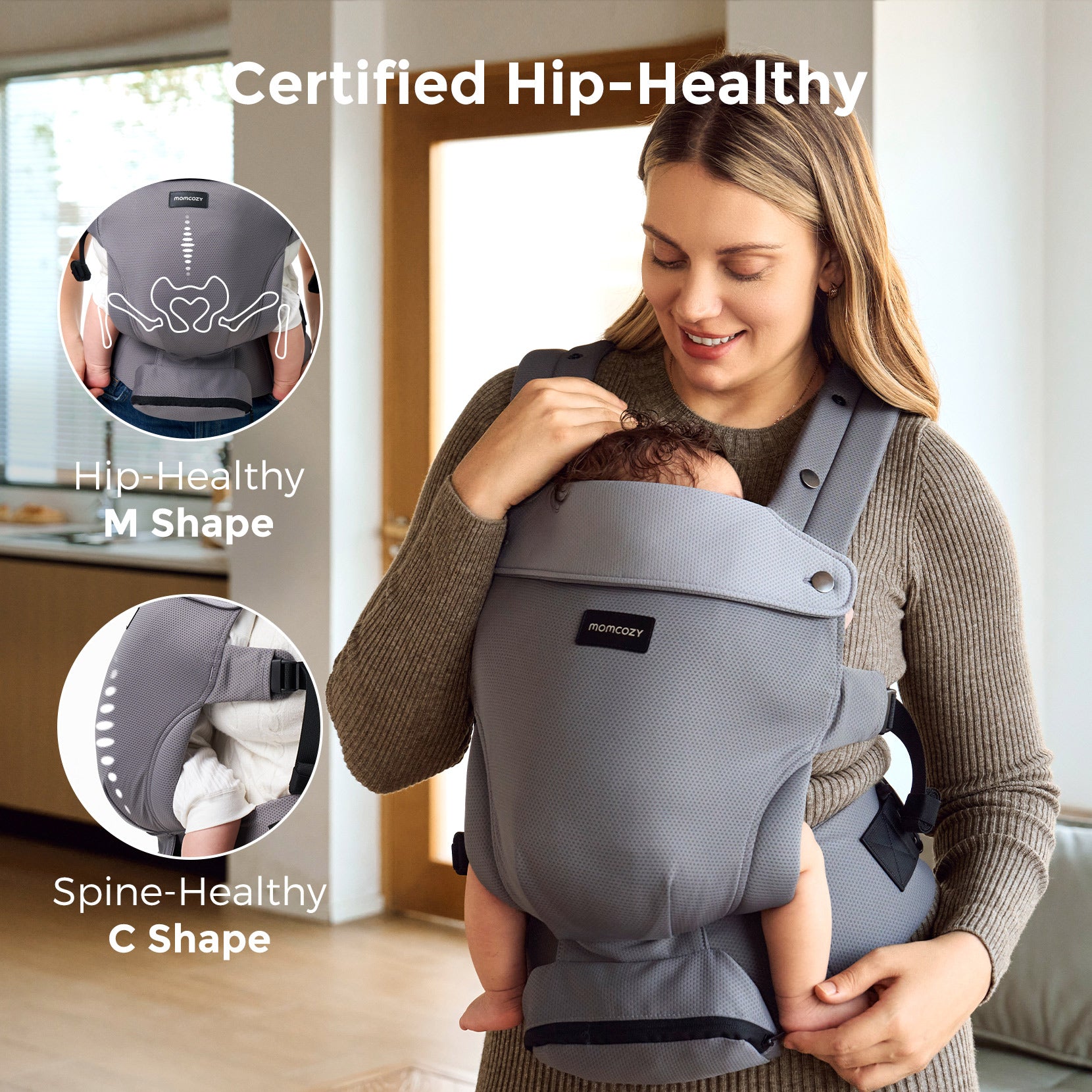 Momcozy baby carrier, gray, ergonomic design for hip and spine health, M & C shapes, Certified Hip-Healthy, Momcozy.