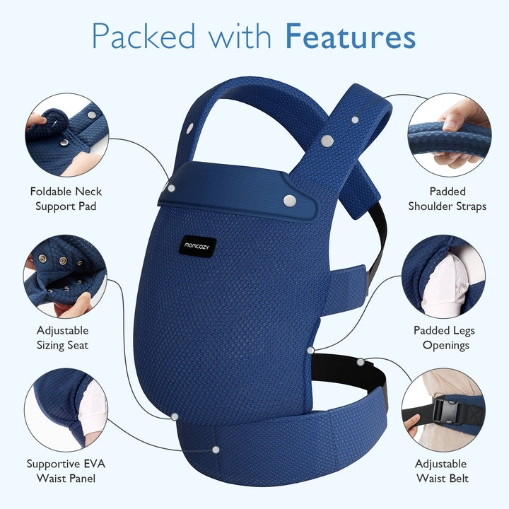 Mesh-Blue Momcozy ergonomic baby carrier showcasing padded straps and adjustable features.