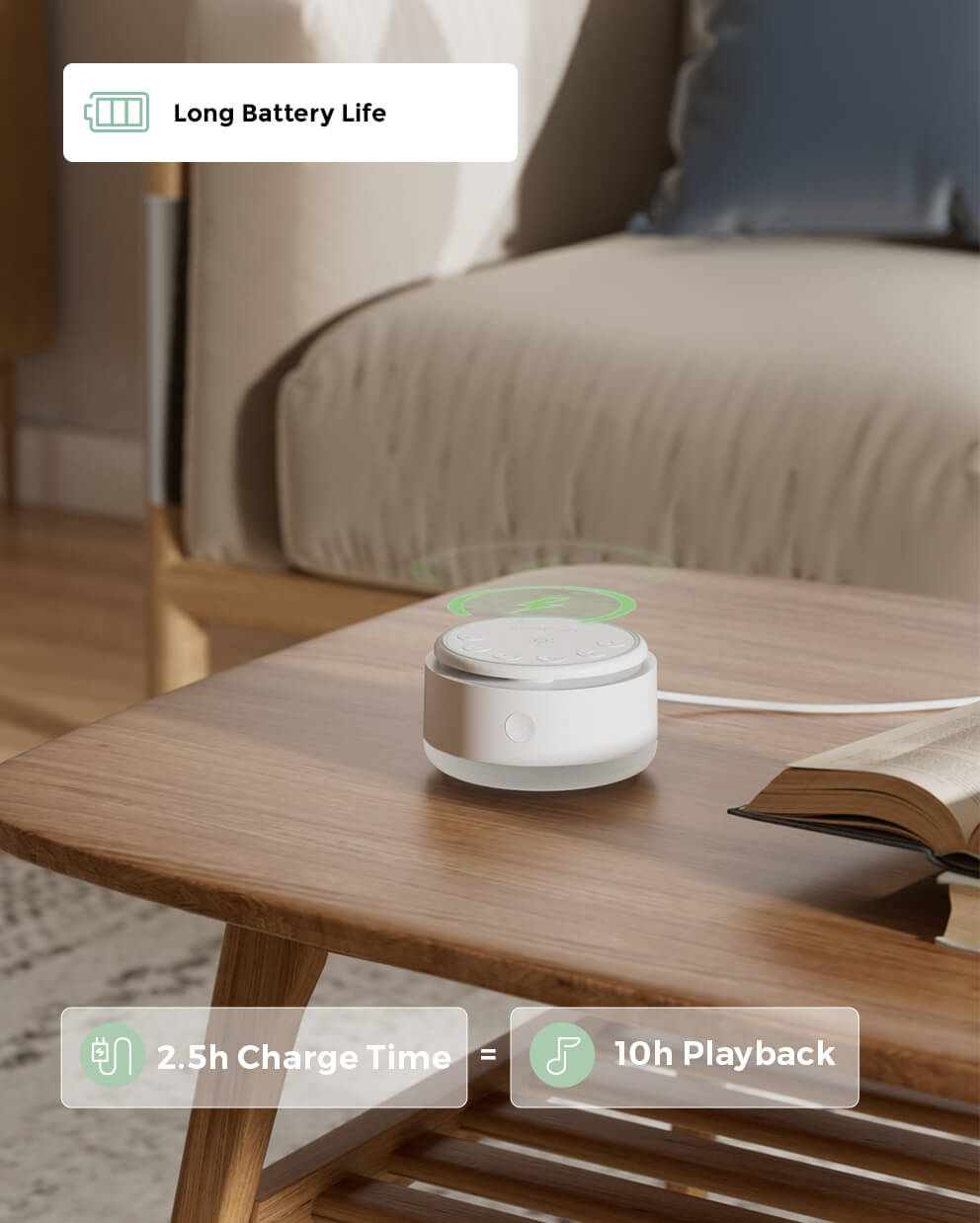 Momcozy Portable Baby Sound Machine showing long battery life, 2.5h charge for 10h playback, for baby sleep, white design.