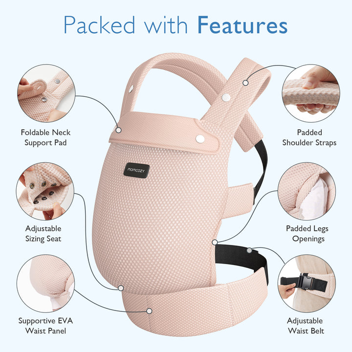 Momcozy air mesh-pink baby carrier with features: foldable neck support, padded straps, and adjustable seat.