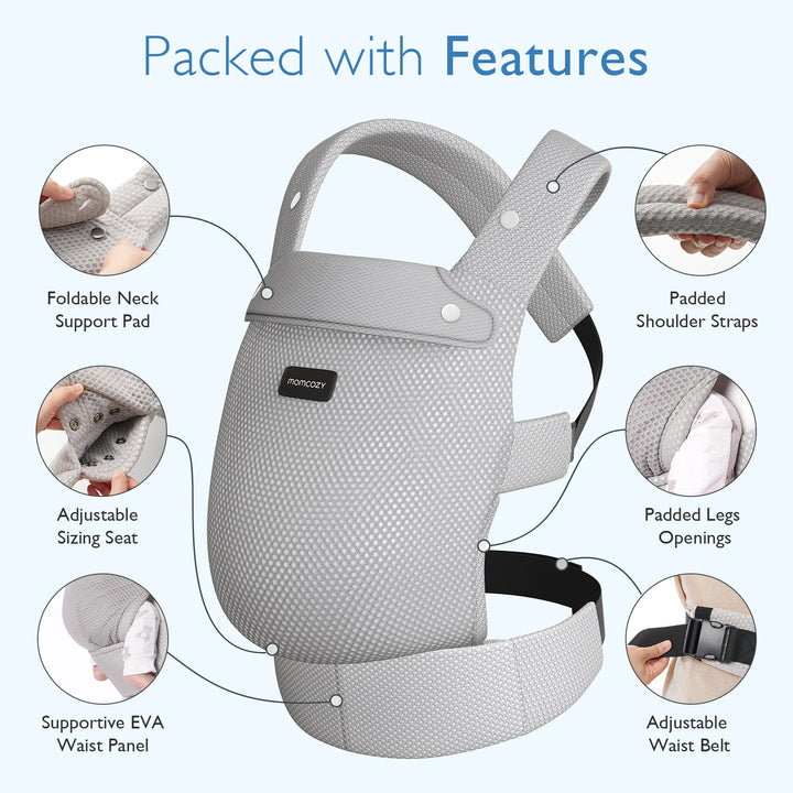 Features of gray Momcozy ergonomic baby carrier: neck support, adjustable straps, padded waist.