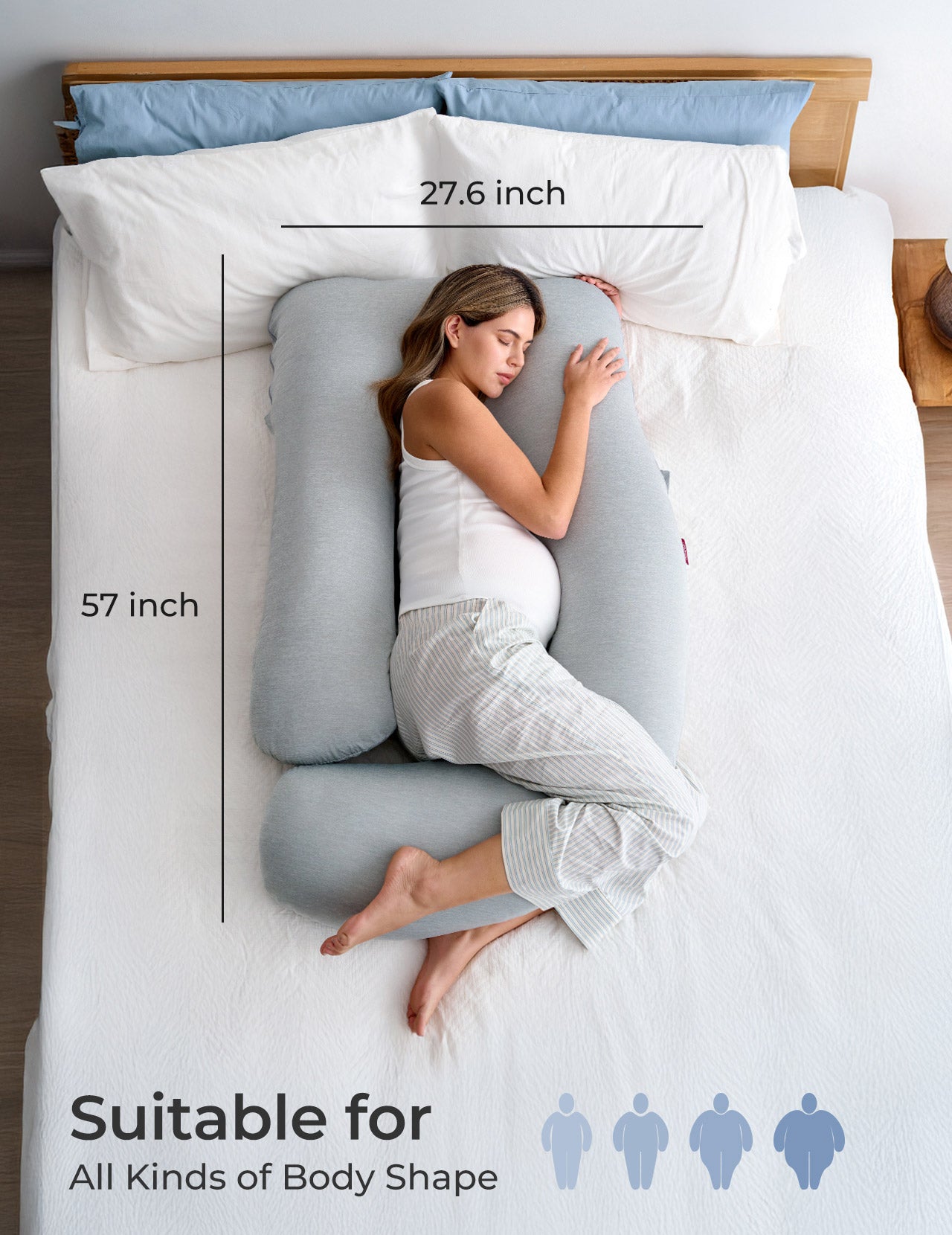 Light gray U-shaped maternity pillow for pregnancy comfort, supporting all body shapes for restful sleep.