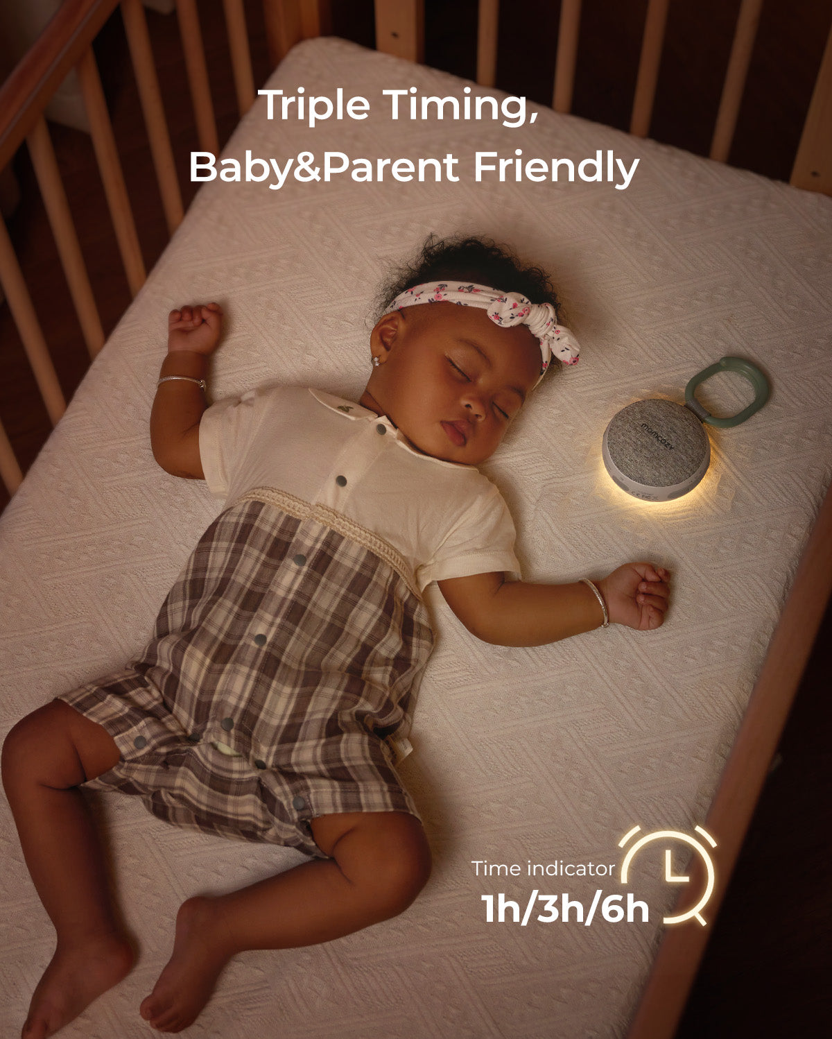 Momcozy sound machine with baby, promoting sleep and relaxation with triple timing and soft light.