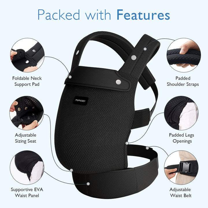 Momcozy ergonomic baby carrier with features: foldable neck support, padded straps, adjustable waist.